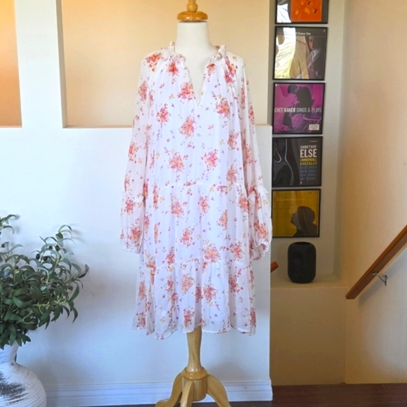 🏷️VINCE CAMUTO Georgette White Floral Long sleeve Shift Dress XXL - Picture 3 of 14